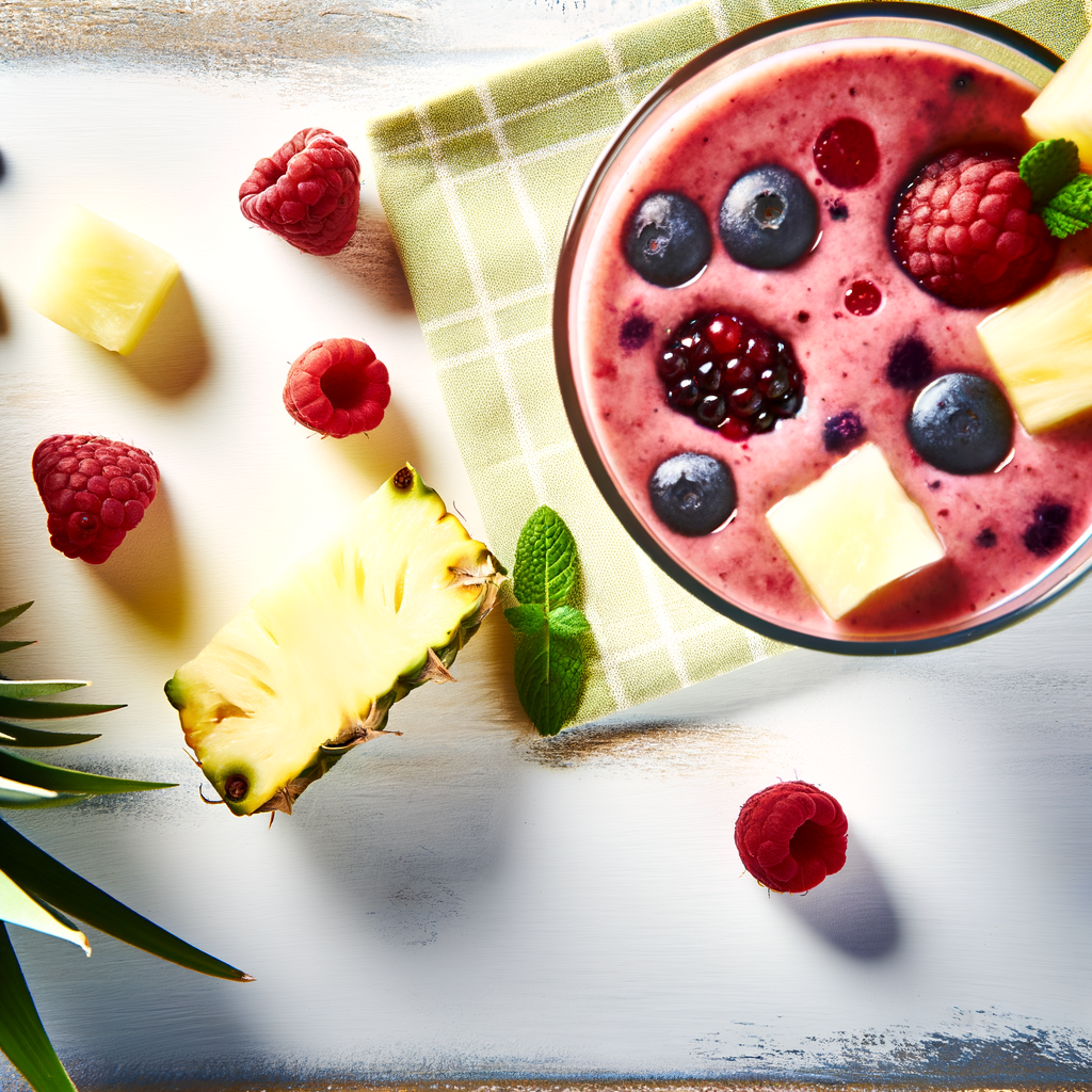 Prepara un batido refrescante de verano con frutos rojos y piña, una opción saludable y revitalizante. Con ingredientes frescos como frambuesas, arándanos y fresas, este batido cremoso es perfecto como tentempié o bebida después del entrenamiento.