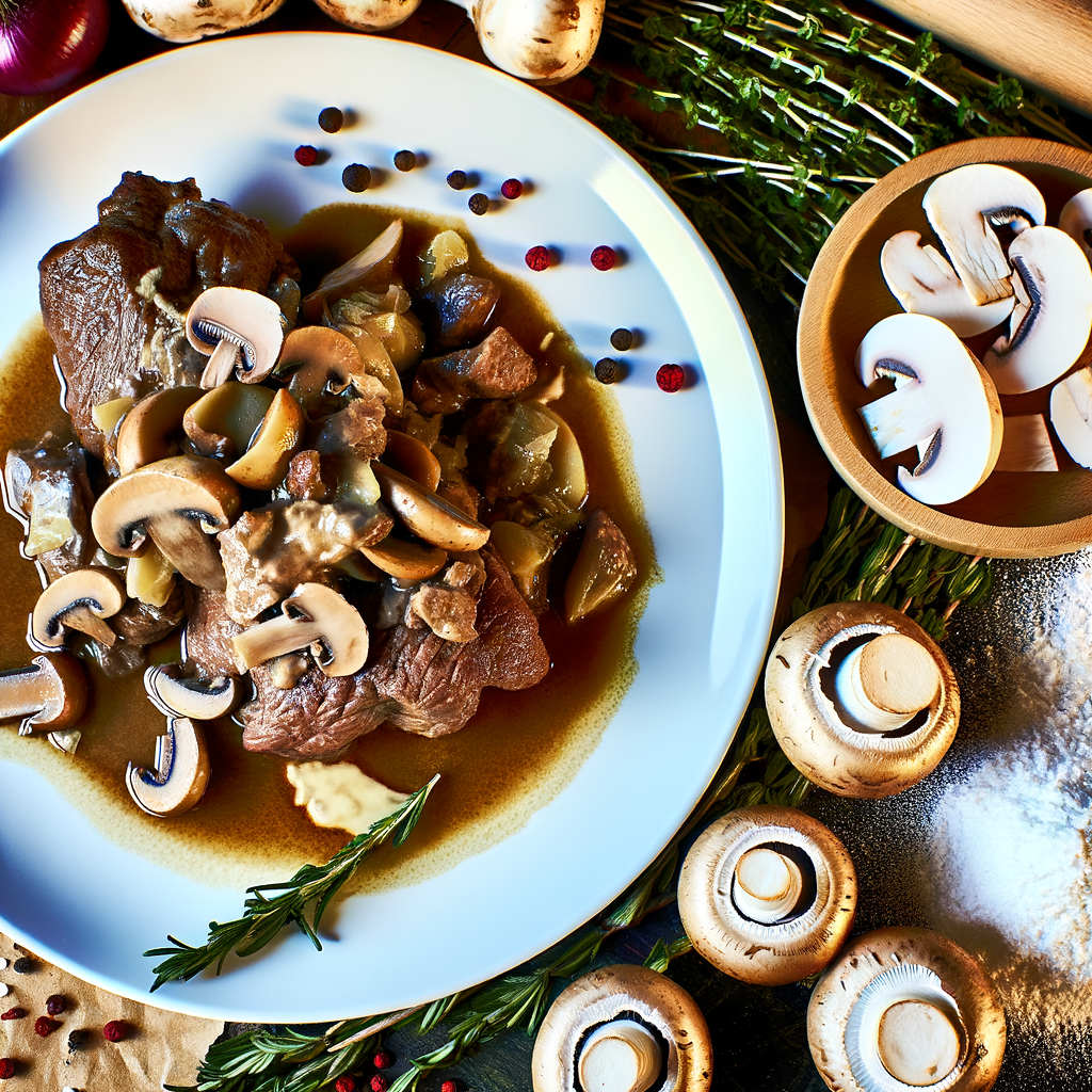 El estofado de ternera con setas es un plato rico y sabroso, enriquecido con vino blanco y nata. La carne se dora con cebolla y se adereza con pimentón, luego se cocina a fuego lento con caldo y setas. Agregar hierbas aromáticas como tomillo y romero durante el dorado le da un aroma aún más atractivo. Perfecto para una cena casera.