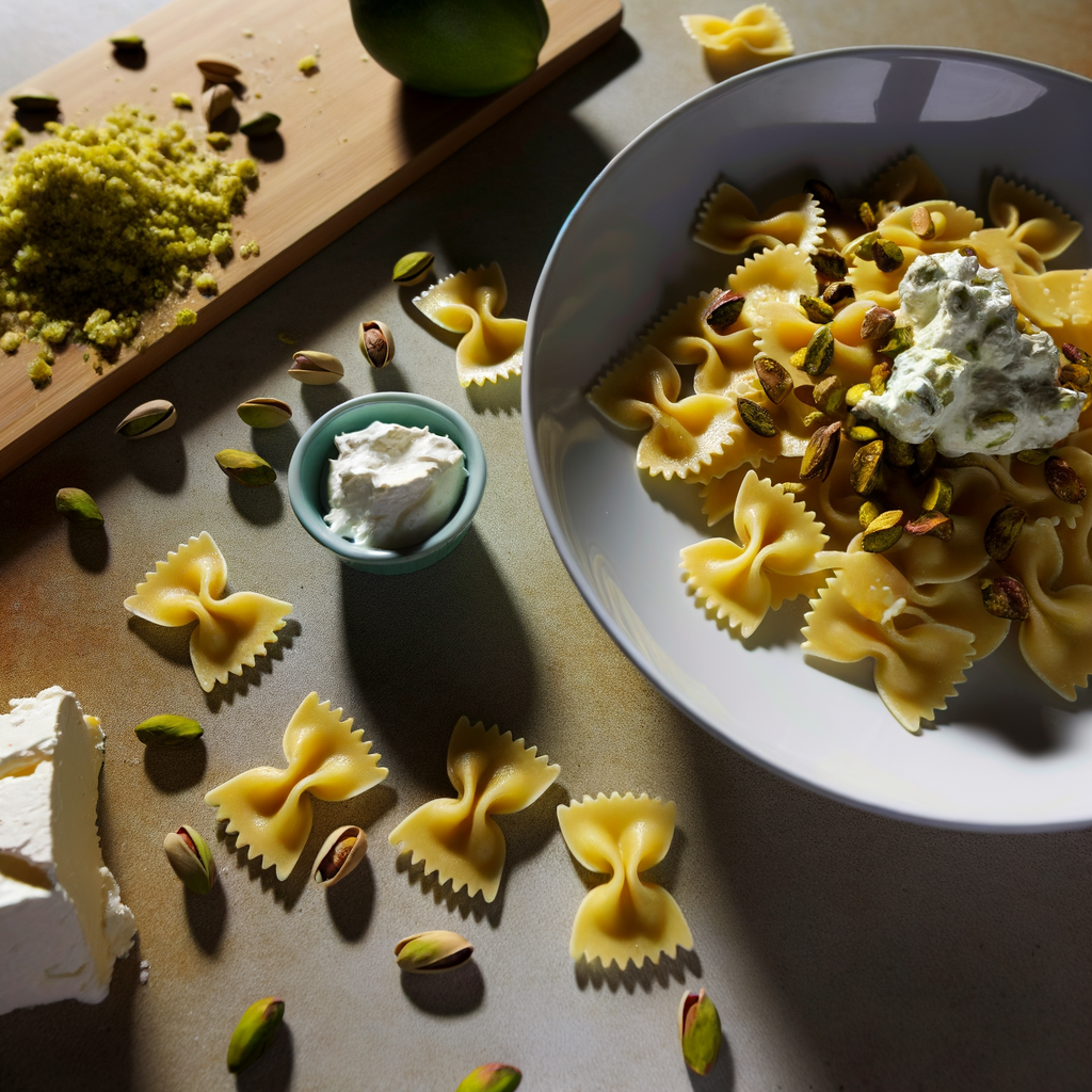 Delicious farfalloni pasta with speck, mascarpone, and pistachios, a creamy and flavorful dish. Toasting the pistachios adds a crunchy twist. Approximately 800 Kcal per serving. Preparation time: 15 minutes, cooking time: 10 minutes. Surprise your guests with this delightful first course!