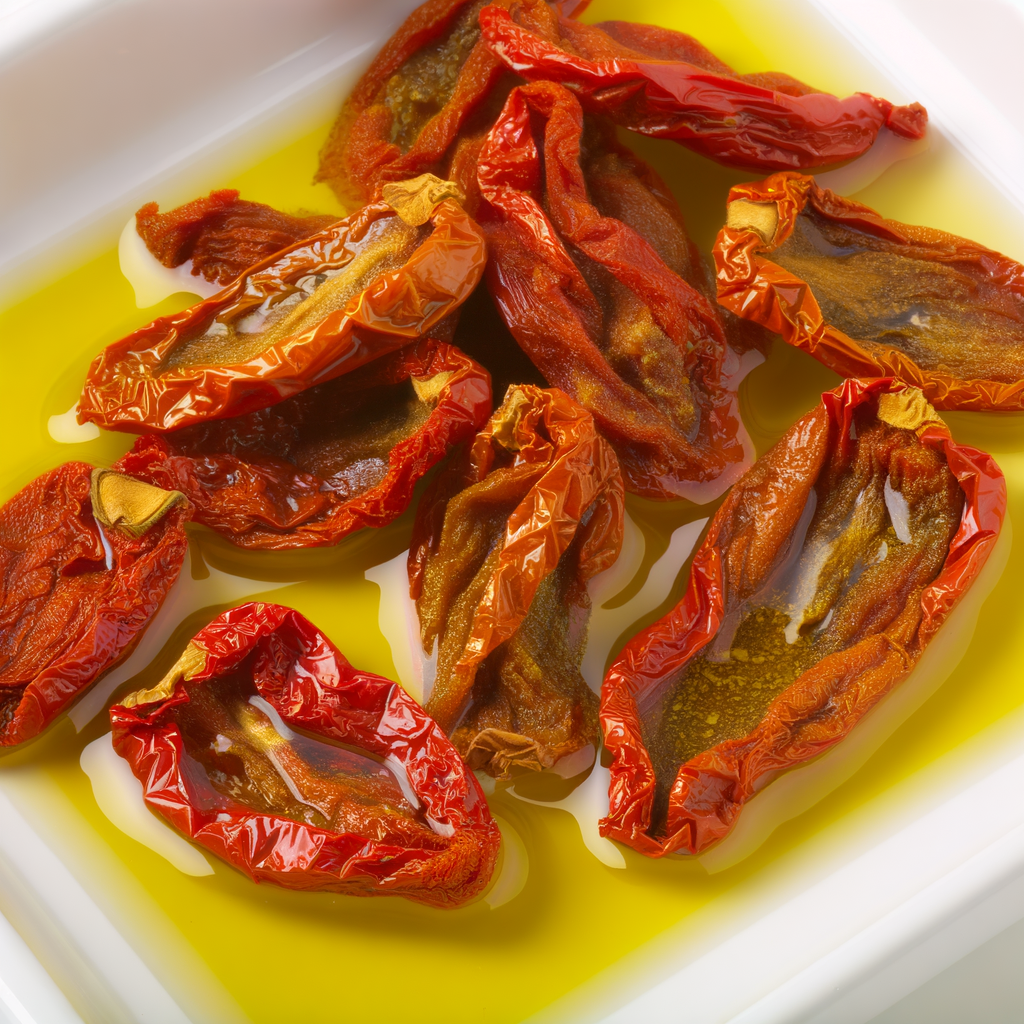 Los tomates secos al sol a la Calabresa son un sabroso aperitivo mediterráneo, perfectos en crostinis o en ensaladas de verano. Con ajo, orégano y chile, los tomates se secan al sol y luego se conservan en aceite de oliva. Añade un toque de albahaca para un aroma aún más intenso.