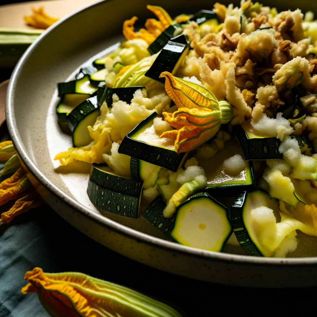 La barbotta tradizionale con fiori di zucca è un piatto rustico della cucina casalinga italiana, perfetto come antipasto o piatto unico. L'impasto morbido ed elastico è arricchito con fiori di zucca e cotto fino a ottenere una superficie dorata e croccante. Per un tocco innovativo, aggiungete pinoli tostati e pecorino grattugiato alla farcitura.