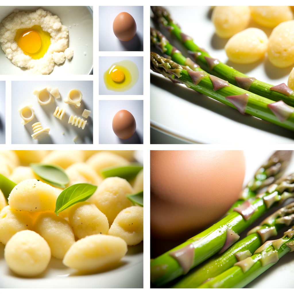 Gli Gnocchi di Uova con Asparagi sono un primo piatto raffinato, arricchito dal contrasto tra la morbidezza degli gnocchi e l'intensità degli asparagi. Preparati con farina, uova, burro e conditi con punte di asparagi, doppio concentrato di pomodoro e noce moscata, sono un'opzione perfetta per un pranzo speciale.