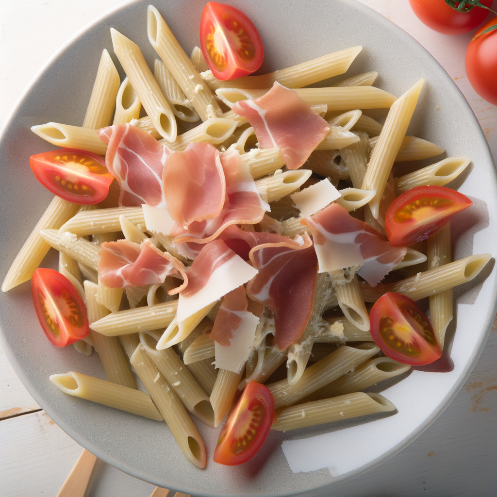 Penne with Tomato Cream and Ham is a creamy and flavorful first course, perfect for a quick lunch. The tomato and cream sauce pairs perfectly with the ham, creating an irresistible balance of flavors. Garnish with grated cheese and add crispy bacon or toasted pine nuts for a gourmet twist.