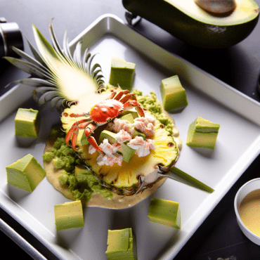 Una ensalada exótica de piña, aguacate y cangrejo servida en una piña vaciada. Perfecta como aperitivo refinado o postre inusual para cenas especiales o veraniegas al aire libre.