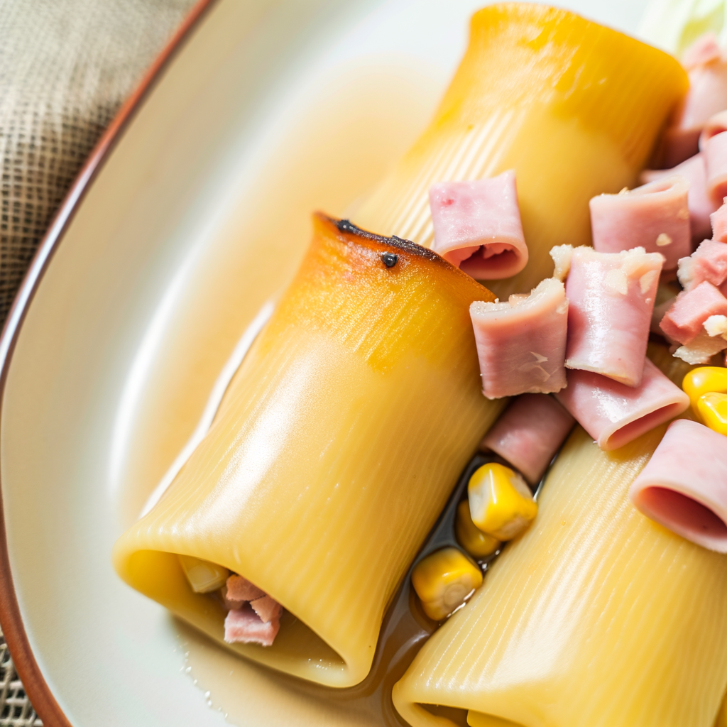 Gli eleganti cannelloni di prosciutto cotto e mais, arricchiti con tonno, maionese e paprica dolce, sono un antipasto raffinato perfetto per un aperitivo estivo o per iniziare una cena speciale. Facili e veloci da preparare, decorateli con olive, uova sode e gelatina per un tocco elegante.