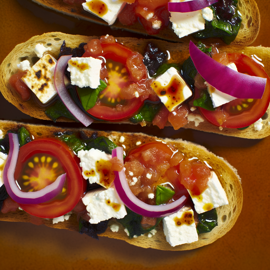 Prepare a delicious Greek Bruschetta with Feta cheese, tomatoes, pitted olives, and oregano on crispy slices of homemade bread. An authentic and irresistible Mediterranean appetizer.