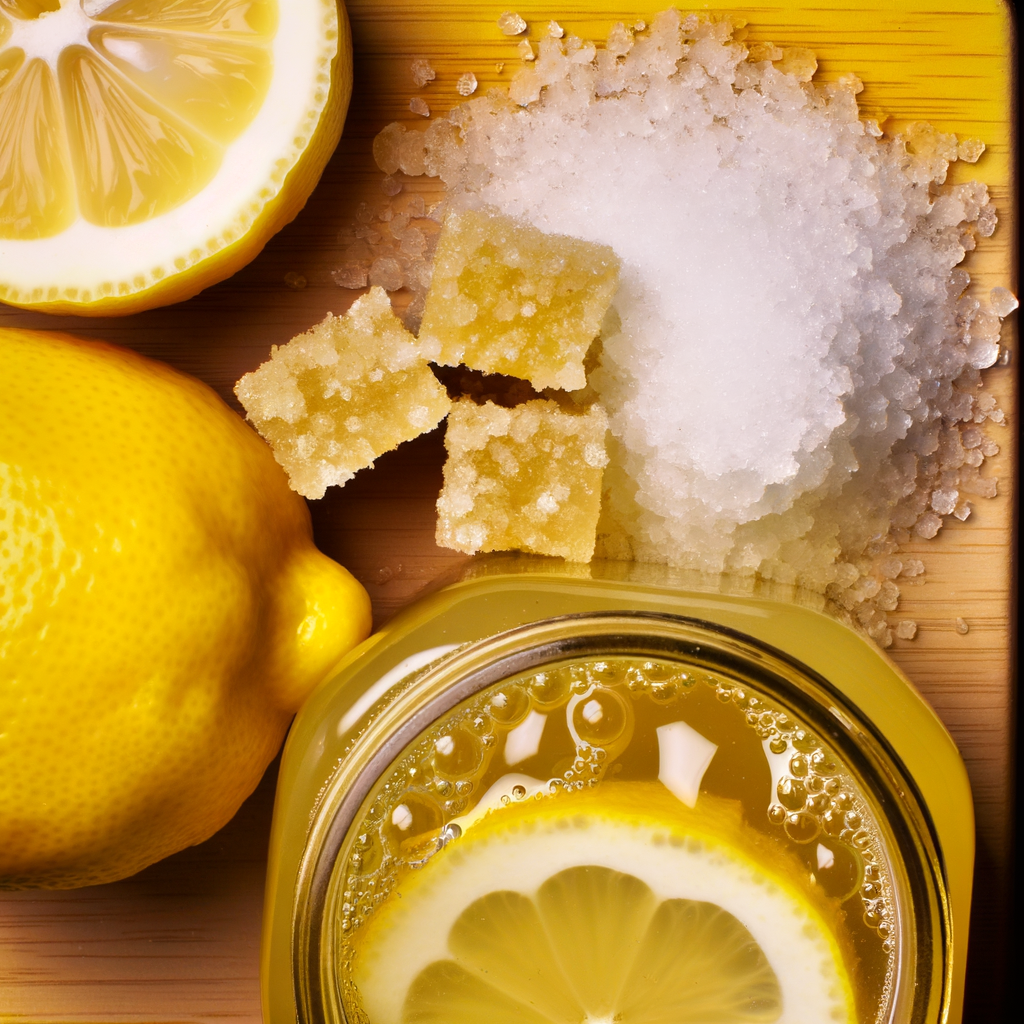 La limonada dorada es una refrescante y dorada bebida perfecta para los días calurosos de verano. Preparada con jugo de limón, yema de huevo, azúcar y soda, puede ser realzada con un toque de jengibre fresco rallado para un sabor extra. Se sirve con naranja, limón, cereza en almíbar y una larga espiral de cáscara de pomelo.