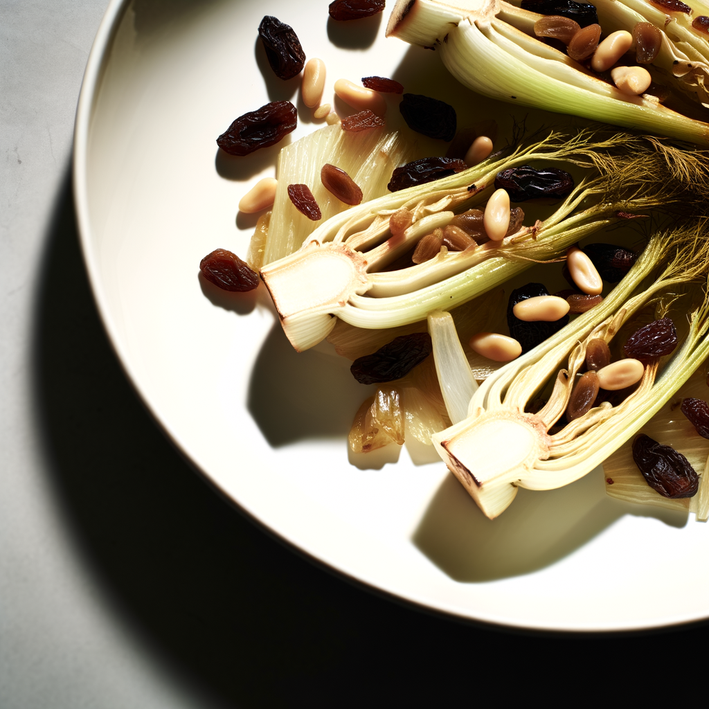 Savory oven-baked fennel with pine nuts and raisins, enhanced by Parmesan flavor and the crunchiness of almonds. A light and flavorful side dish with Mediterranean aromas.