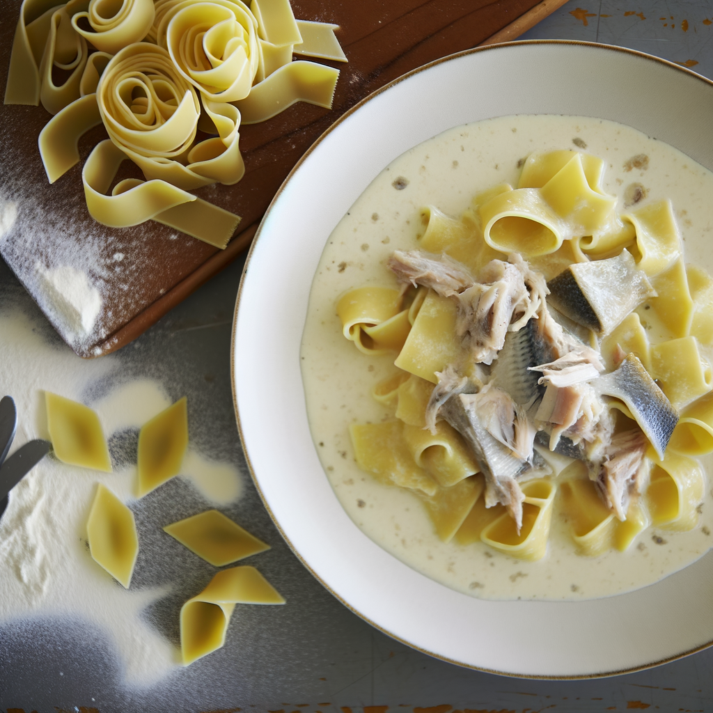 Las pappardelle con crema de bacalao son un plato rico y sabroso que combina la tradición culinaria italiana con intensos sabores marinos. Ideal para los amantes del marisco en busca de un primer plato refinado y elegante.