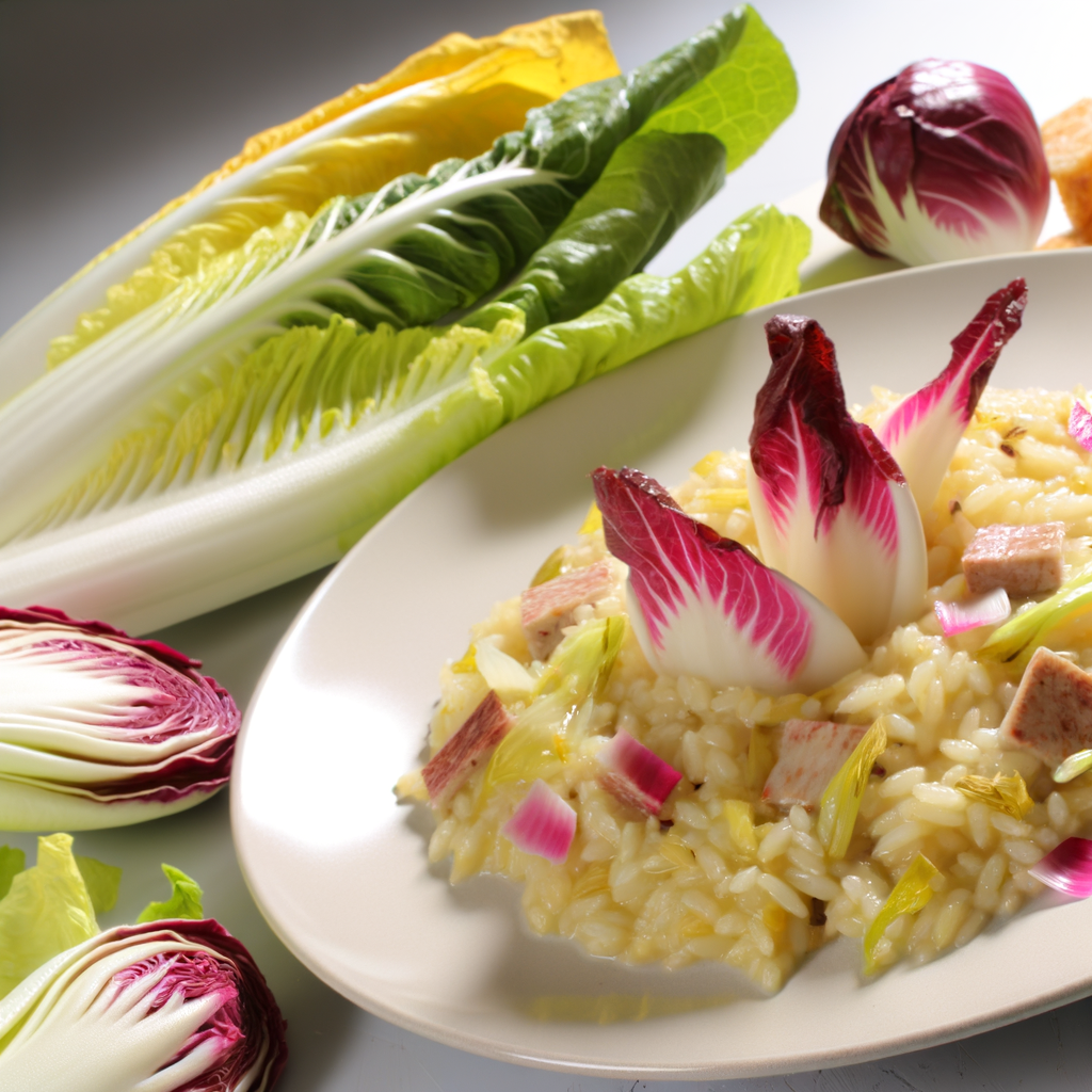 Prepare un delicioso risotto con endivias belgas y lechuga roja de Chioggia, enriquecido con parmesano y cocido lentamente en caldo de verduras. Sírvalo con un toque de nueces picadas para un delicioso contraste de texturas. Un plato cremoso y tentador, perfecto para una experiencia culinaria irresistible. ¡Buen provecho!