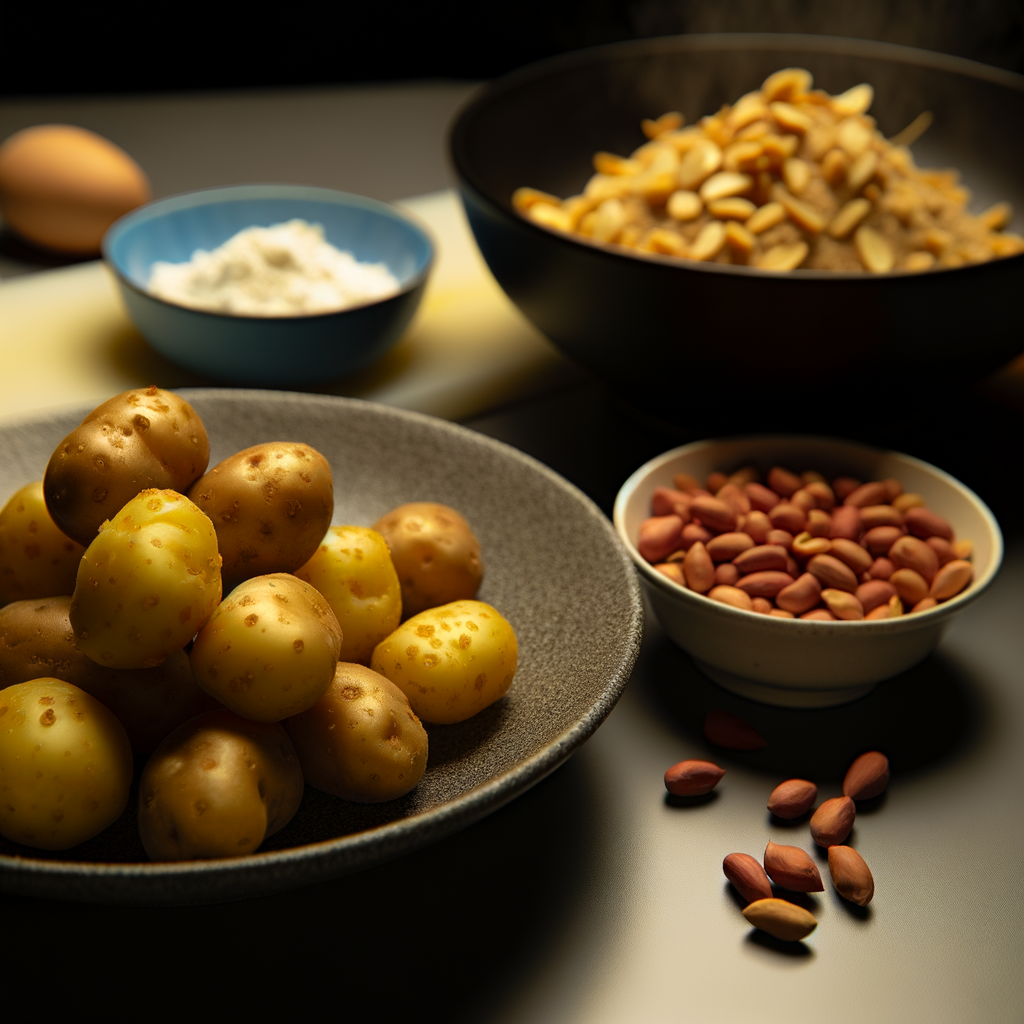 Crunchy new potato fries with peanuts and snow peas, enriched with extra virgin olive oil and a twist of smoked paprika. An innovative and delicious side dish, perfect to pair with meat or fish dishes, offering a surprising mix of flavors and textures.