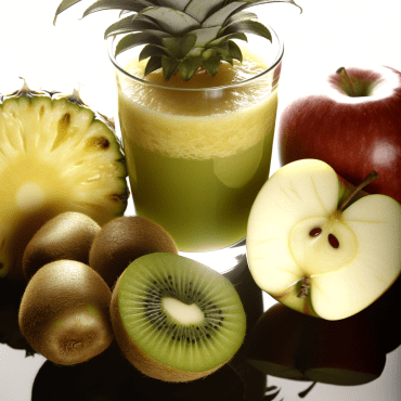 Preparate un fresco e raffinato Succo Esotico con ananas, mela e kiwi, arricchito con panna e decorato con pezzetti di ananas. Aggiungete un tocco speciale con zenzero grattugiato o cannella in polvere. Un cocktail senza alcol irresistibile e salutare!