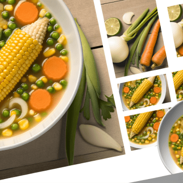 Prepare a delicious corn and vegetable soup with a spicy twist. A combination of corn, zucchini, and cultivated mushrooms in chicken broth, enriched with zucchini blossoms. Garnish with golden garlic croutons or salty popcorn for a crunchy touch.