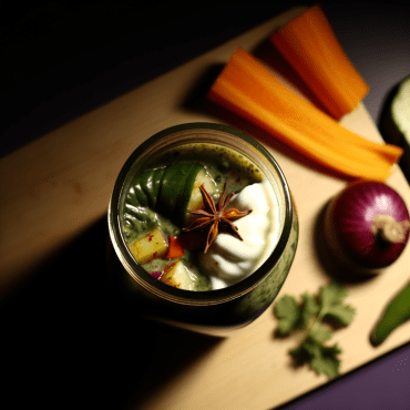 Disfruta de un momento refrescante con este jugo de verduras y yogur, realzado con jengibre rallado y menta para un toque revitalizante. Nutritivo y delicioso, perfecto como tónico matutino o como un descanso vigorizante por la tarde. Con aproximadamente 150 calorías por porción, proporciona vitaminas y propiedades probióticas.