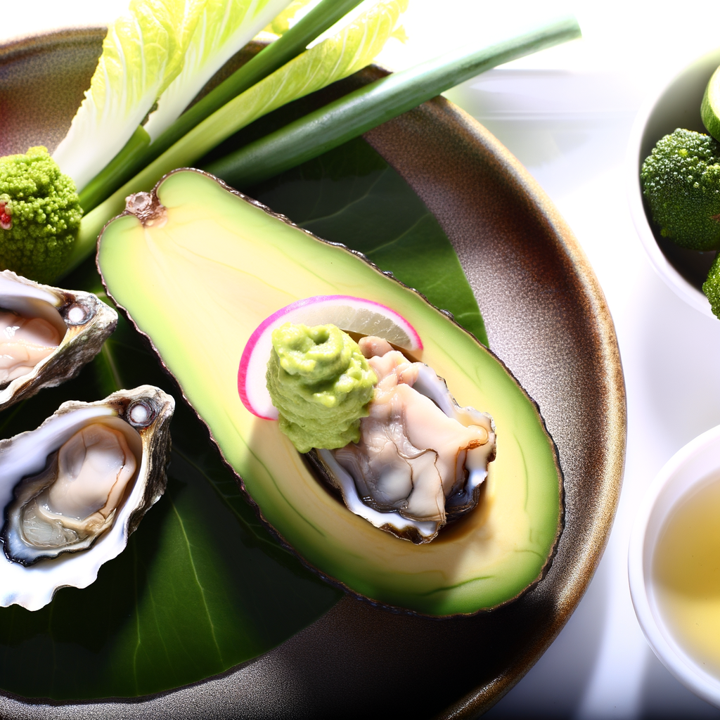 A chic appetizer of avocado and oysters, enhanced by a delicate egg and lemon sauce. Perfect for impressing guests on special occasions. Garnish with chives or red caviar for an extra touch of elegance.