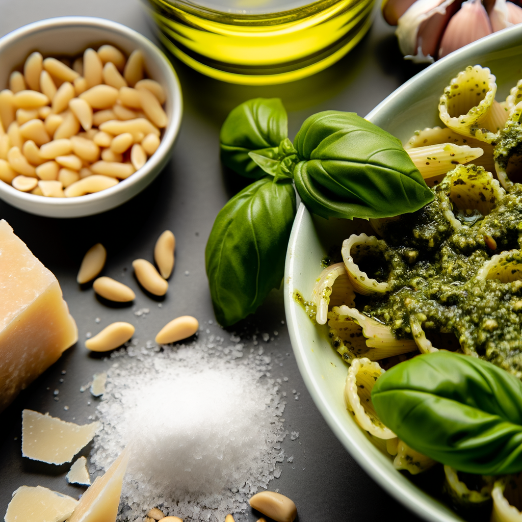 Preparare il Pesto alla Genovese tradizionale perfetto per condire la pasta in soli 20 minuti. Utilizza basilico fresco, pinoli, aglio, formaggio Pecorino e Parmigiano grattugiato, e olio d'oliva extra-vergine. Aggiungi un twist con la scorza grattugiata di limone biologico.