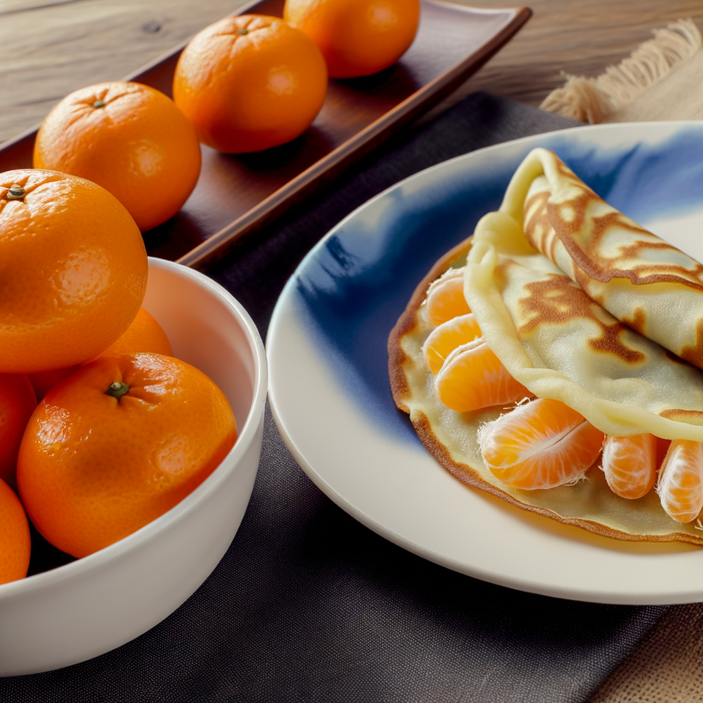 Delicioso postre de crepes rellenas de mandarinas chinas en un almíbar de naranja, decorado con crema batida y virutas de chocolate. Toque especial: incorporar la ralladura de mandarina china en la masa. Equilibrio perfecto entre dulzura y acidez.