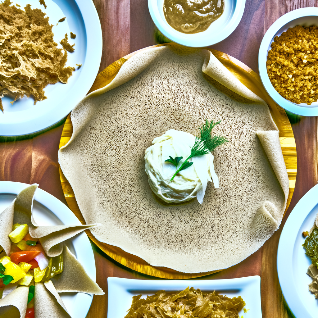 Preparar injera, el pan tradicional etíope, es simple y gratificante. Mezcla levadura con agua tibia y miel, agrega harina de mijo y deja fermentar durante 24 horas. Cocina la masa en una sartén para obtener un pan fino con pequeños agujeros, perfecto para acompañar platos etíopes picantes.