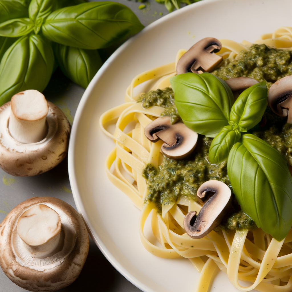 Prepara deliciosas fettuccine con pesto de boletus, aderezadas con albahaca fresca, piñones y aceite de oliva virgen extra. Un plato de pasta rico y sabroso, realzado con la textura crujiente de las migas de pan tostado. ¡Perfecto para una comida rápida pero sabrosa!