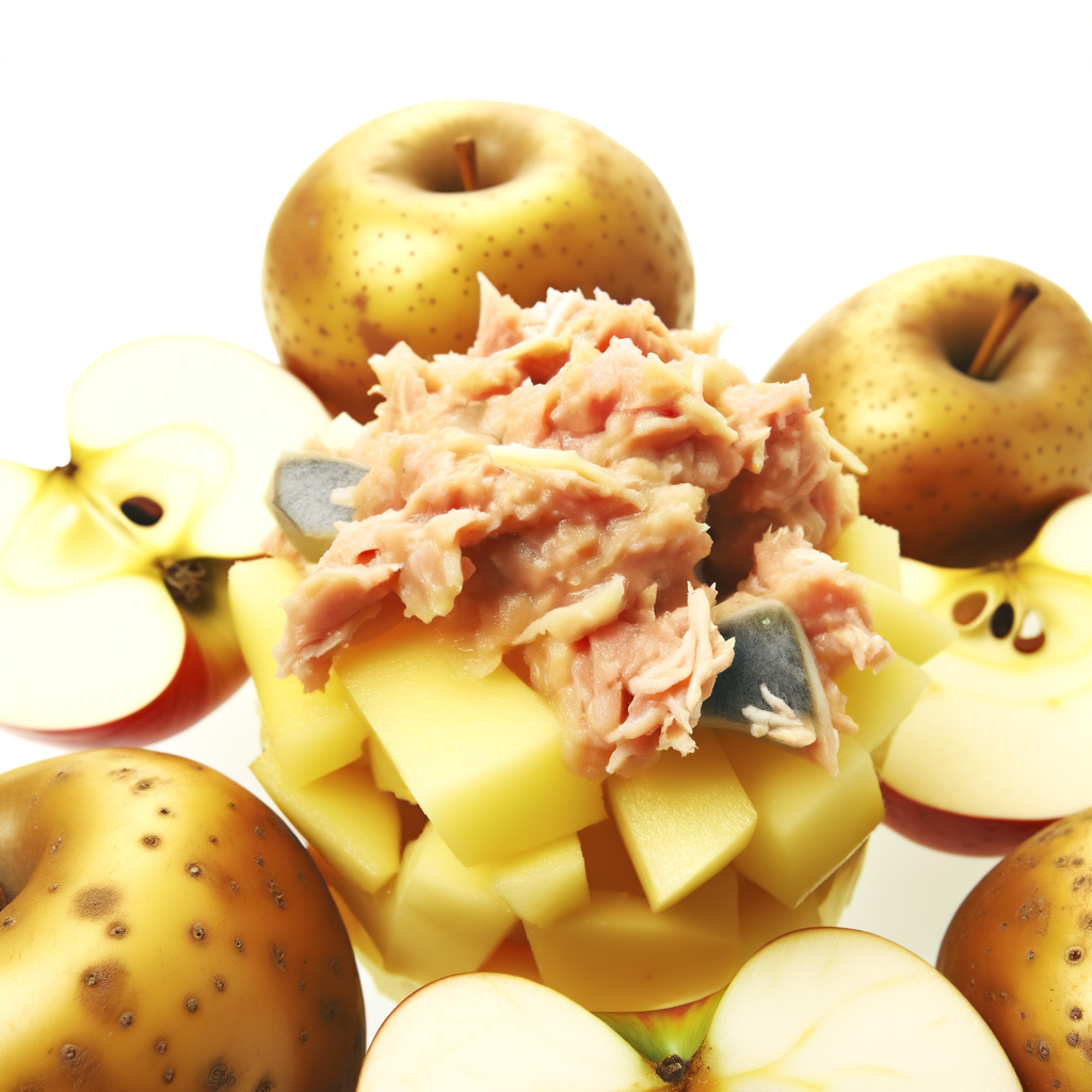 A refreshing cocktail of potatoes, apples, and tuna, enhanced with pink sauce and served with green apple slices and cherry tomatoes. Perfect as a summer appetizer or side dish. Estimated calories: about 350 Kcal per serving.