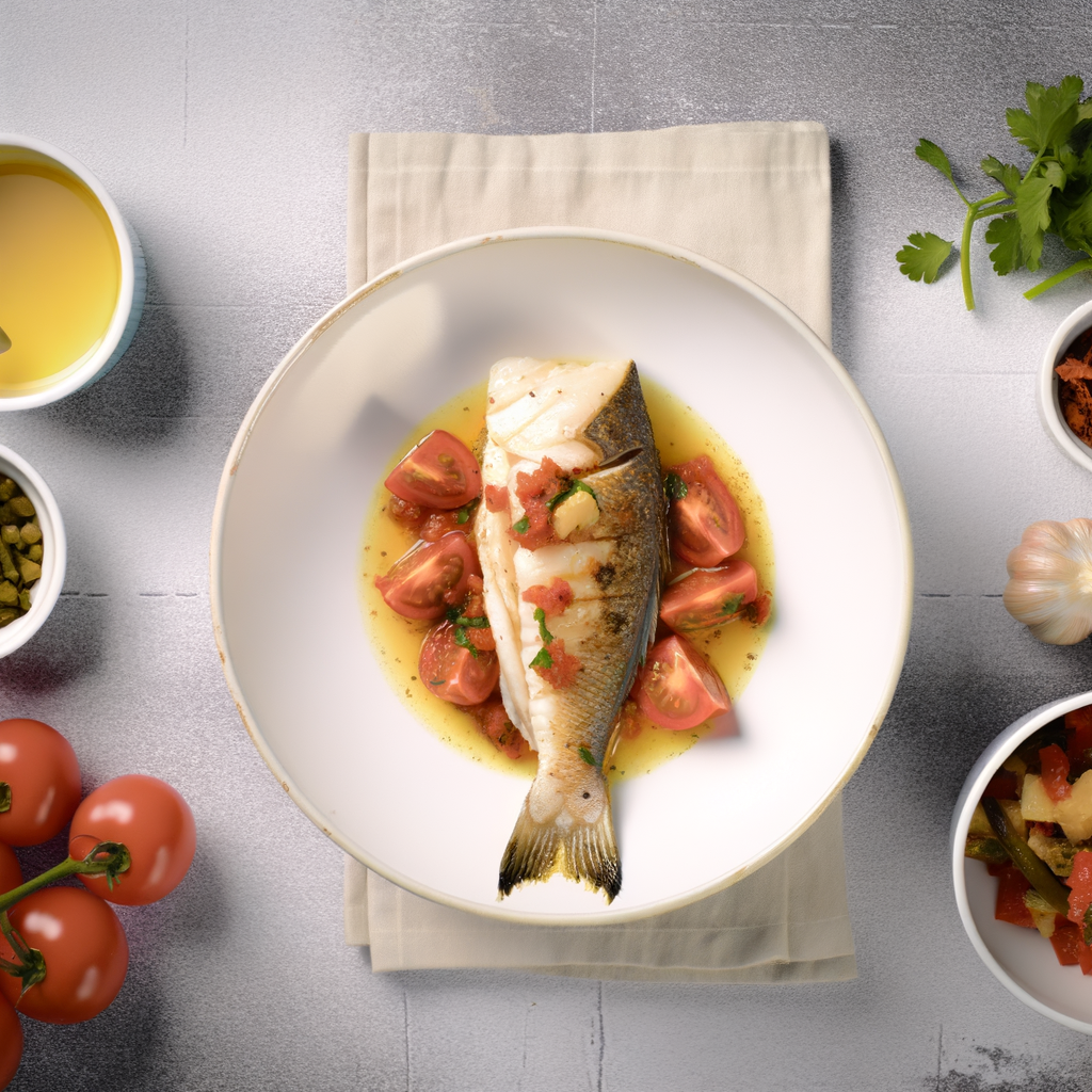 Un plato mediterráneo de bacalao con tomates, pimientos, patatas y especias, horneado hasta que quede dorado. Perfecto para una cena llena de sabores del Mediterráneo.