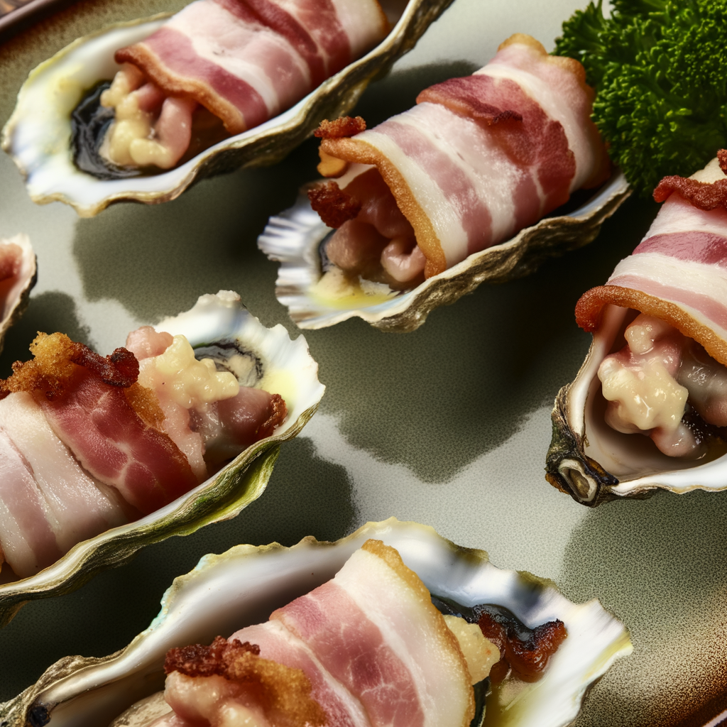 Prepare a refined recipe of succulent oysters wrapped in crispy bacon, served on buttered crispy bread slices. An elegant and tasty appetizer, enhanced with a touch of finely chopped aromatic herbs for a fresh and fragrant contrast.