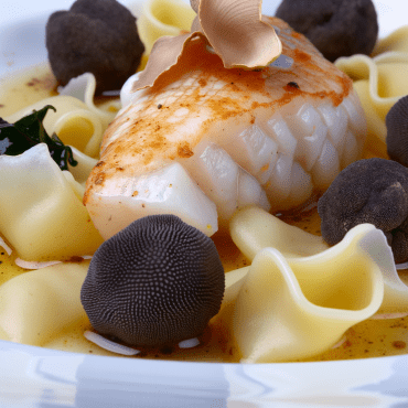 Conchiglie di pesce con tartufi di mare e zenzero, arricchite con un tocco esotico di scorza d'arancia. Un piatto sofisticato e saporito, perfetto per una cena speciale.