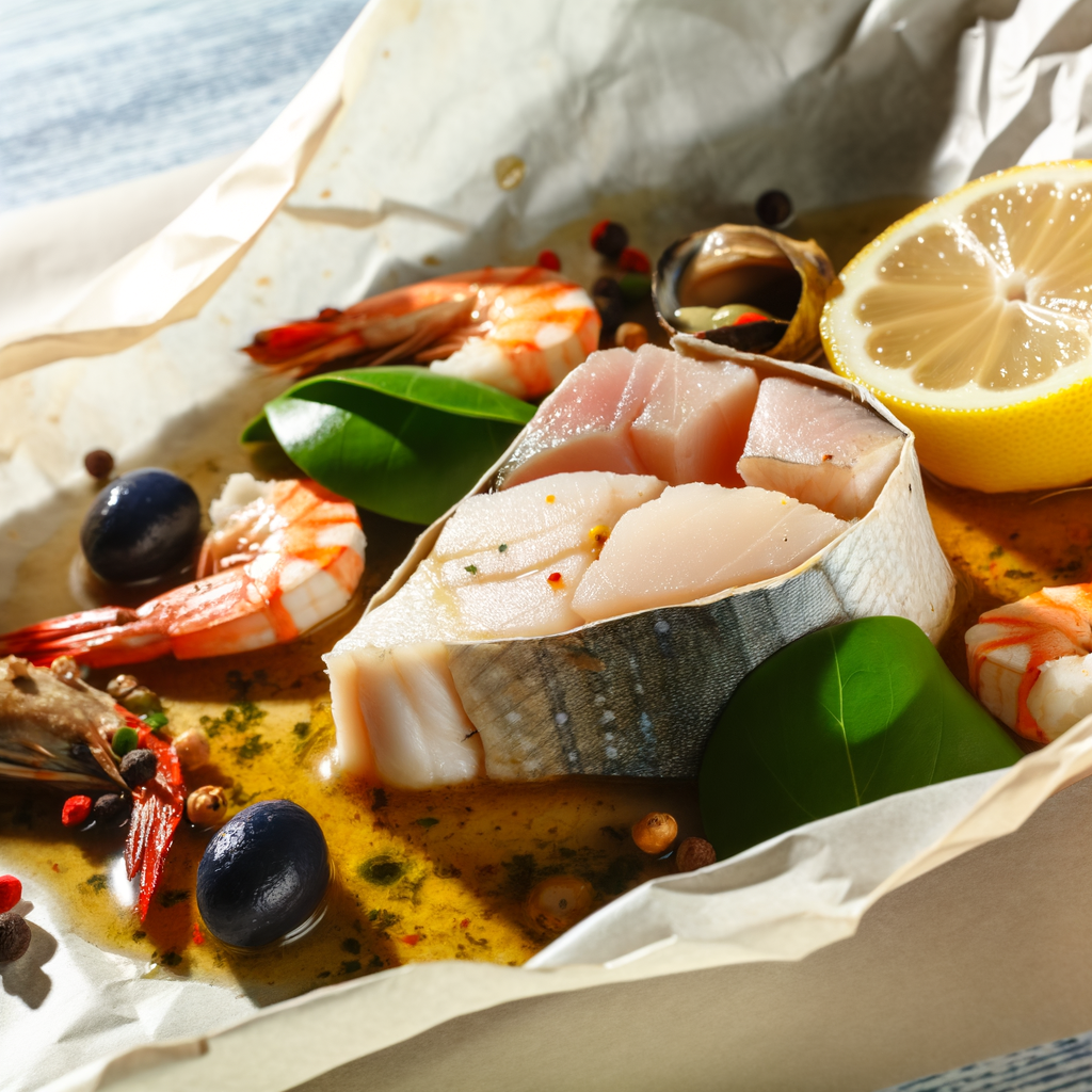 Delicious swordfish and seafood in a parchment packet, enhanced with tomatoes, bell peppers, parsley, and basil, baked to perfection, and served with a selection of Italian white wines.