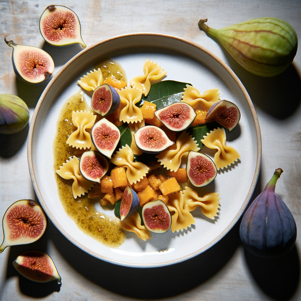 Farfalle with figs: an autumnal first course with an irresistible mix of sweet and savory flavors. The pasta is combined with a fig cream, cooked ham, and fresh cream. A sprinkle of grated Parmesan completes this refined and quick-to-prepare recipe.