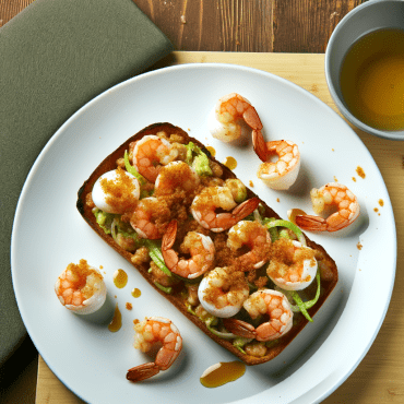 Deliciosas tostadas de mantequilla de camarones, cubiertas con rúcula, alcaparras y un toque de perejil. ¡Un aperitivo refinado y ligero, perfecto para empezar una comida especial!