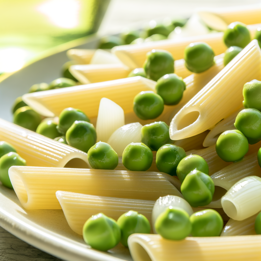 Penne with peas and spring onions is a classic Italian dish, enhanced with pancetta, peeled tomatoes, and a touch of fresh parsley. This tasty and easy-to-make dish is enriched with toasted pine nuts for a crunchy twist. Perfect for any occasion!