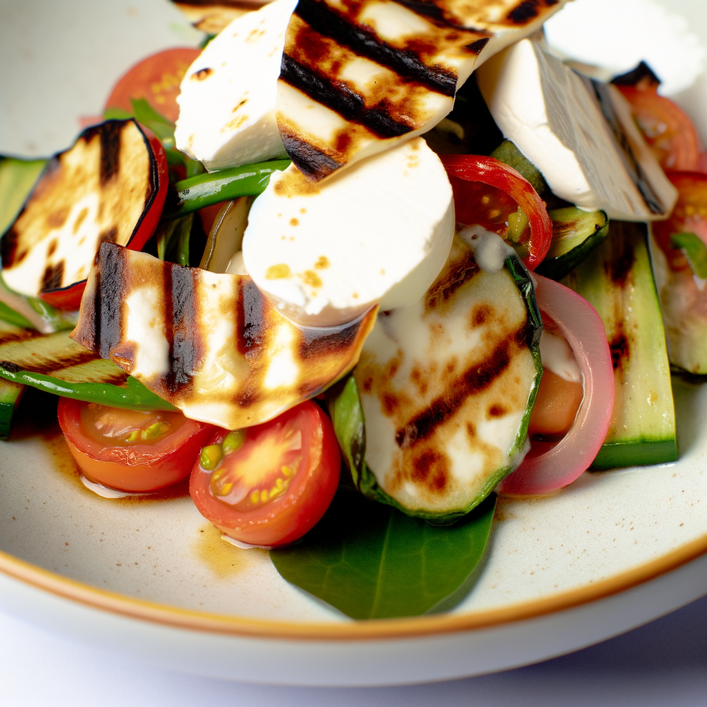 Grilled vegetable salad with mozzarella: a healthy and delicious side dish perfect to accompany your meals. Grilled vegetables are topped with mozzarella, fresh basil, extra virgin olive oil, salt, and black pepper. Add toasted pine nuts or chopped walnuts for a crunchy and flavorful twist.