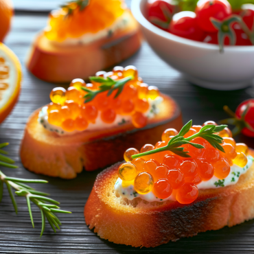 Elegantes crostinis de caviar, tostados y untados con mantequilla, condimentados con limón y adornados con perejil. Un aperitivo chic y refinado, perfecto para sorprender a los invitados con un toque de frescura y salinidad.