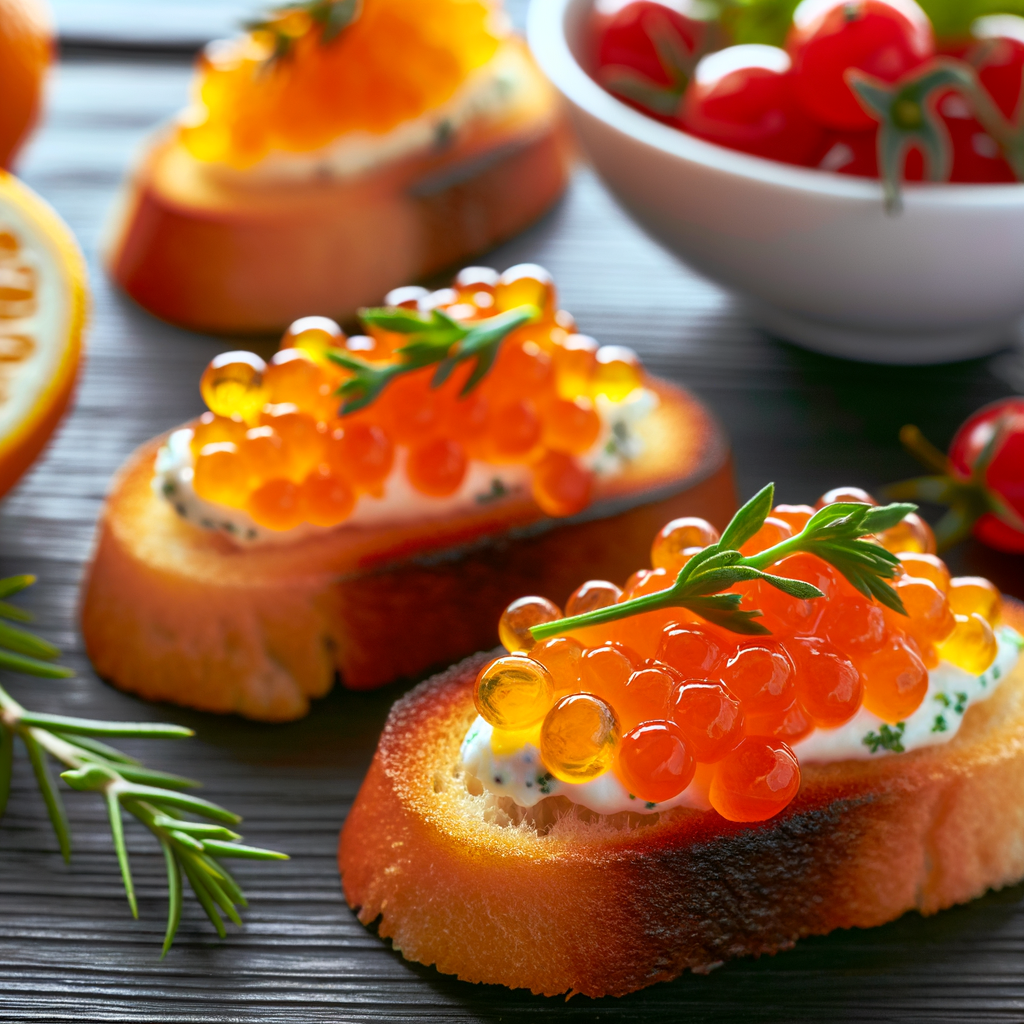 Elegant caviar crostini, toasted and buttered, seasoned with lemon and garnished with parsley. A chic and refined appetizer, perfect for surprising guests with a touch of freshness and saltiness.