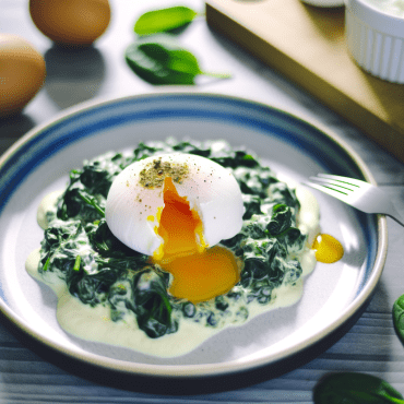 Deliciosos huevos escalfados sobre una cama cremosa de espinacas, realzados con un toque crujiente de almendras tostadas picadas. Una opción saludable y rápida para un almuerzo ligero o una cena elegante.