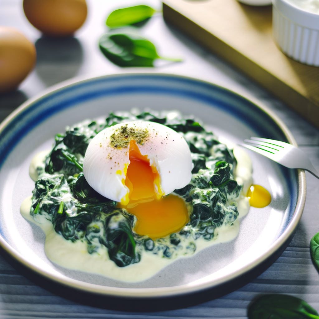 Delicious poached eggs on a creamy bed of spinach, enhanced with a crunchy topping of chopped toasted almonds. A healthy and quick option for a light lunch or an elegant dinner.